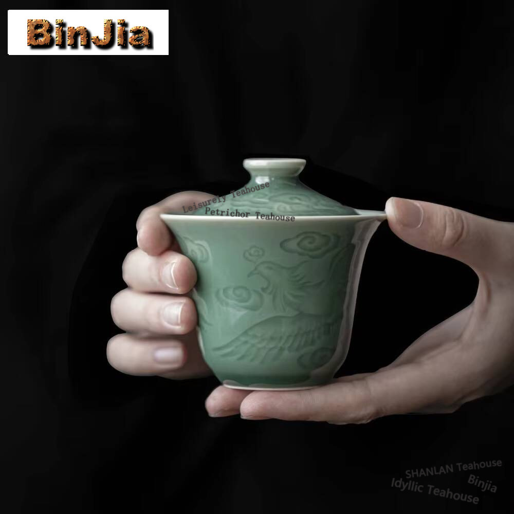 Celadon Ceramic Cup - 中国のティーセット,ゴイワンリリーフフェニックス,火傷防止ティー,ティーメーカーカバー,手工芸品,100ml