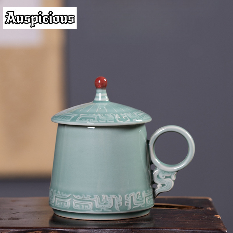 Celadon Ceramic Cup - 395 ミリリットル龍泉青磁ブロンズパターンコーヒーマグ古代朝食マグアフタヌーンティーマグマスターオフィス水カップ箸置きクラフト