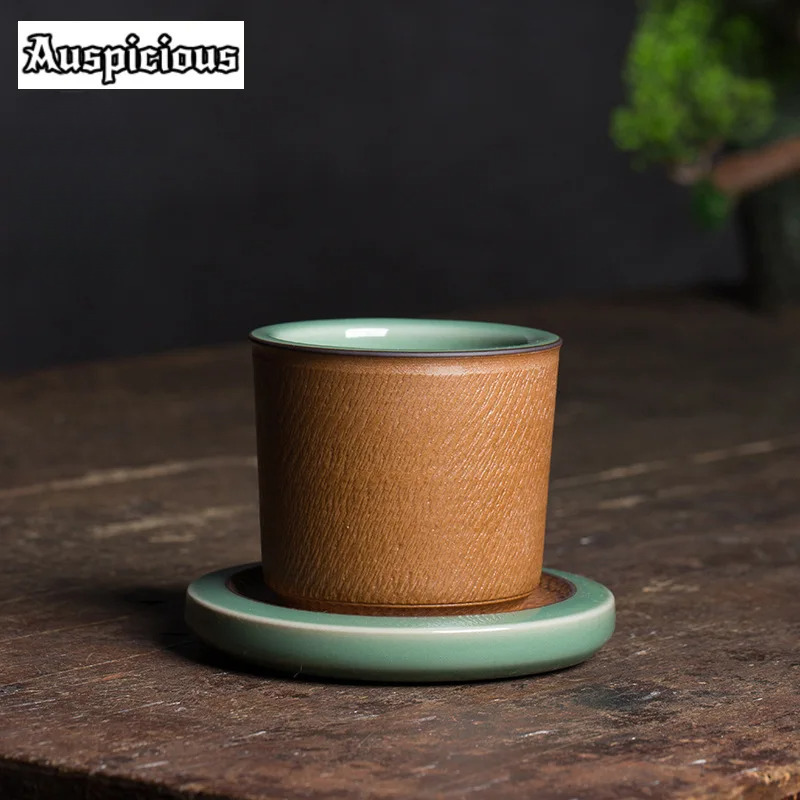 Celadon Ceramic Cup - Longquan-ソーサーキット付きセラドンティーボウル,ハイエンドの手作りティーカップ,手作りのジャンピングナイフ,マスターカップ,翼のあるハンドル,ティーセットギフト,110ml