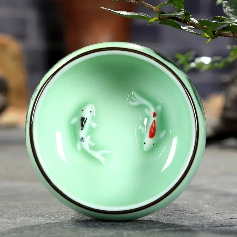 Celadon Ceramic Cup - 茶碗 陶器 1個 青磁 手描き 風景画