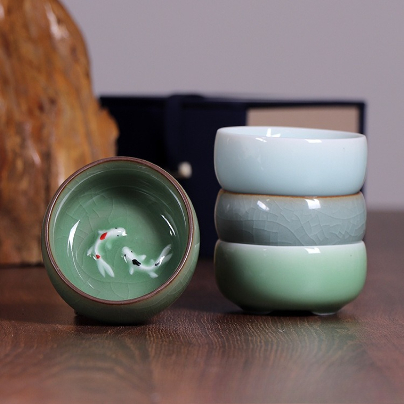 龍泉青磁茶杯中国功夫茶壺金魚茶碗60mlクラックルティーセッ - Celadon Ceramic Cup のレビューと価格