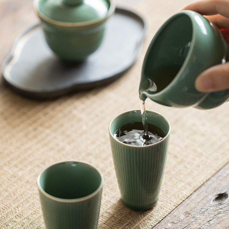 セラミックカンフーティーカップ,90ml,大,垂直グレイン, - Celadon Ceramic Cup のレビューと価格